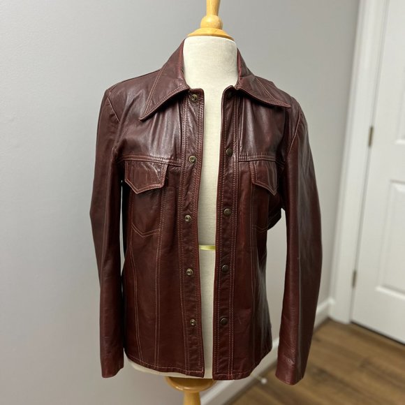 Vintage Excelled 60s 70s Brown Leather Shirt Jacket Sz 38 - Picture 1 of 16